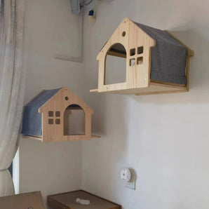 Cat Wall Mounted Wooden Cat House and Hammock for Kitten Living Platform and Ladder for Jumping Climbing Cat Indoor Furniture
