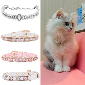 Fashion Cat Collar with Rhinestones Pet Pearl Necklace for Cats Puppy Rabbit Kitten Accessories Adjustable Collars Pets Supplies