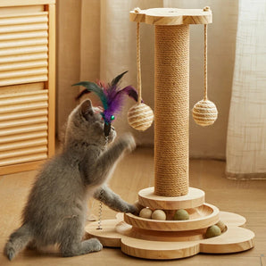 Wooden Pet Cat Toy Tower Funny Cat Stick Balls Sisal Hemp Kitten Scratching Board with Turntable Interactive Balls Accessories